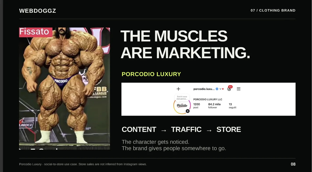 Porcodio Luxury case screenshot: AI character, brand social profile and content-to-traffic-to-store journey